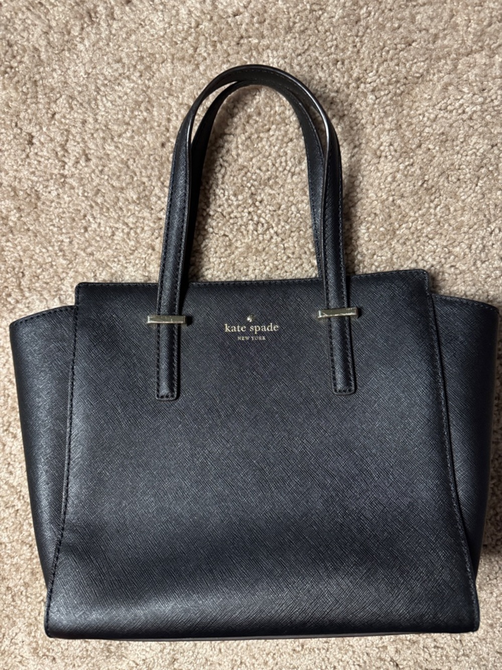 kate spade black saffiano leather tote with gold logo
